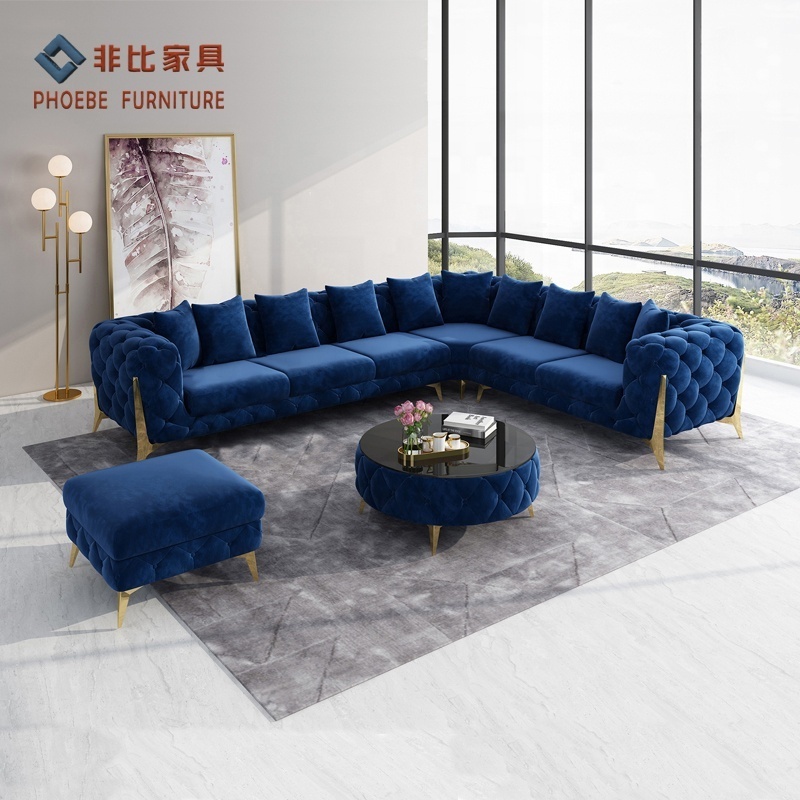 Luxury traditional pink blue velvet L shape chesterfield sofa sets living room furniture with golden legs