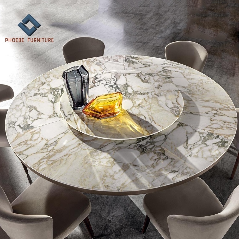 Large italian design luxury natural marble round dining table with lazy susan and satin bronze stainless steel legs