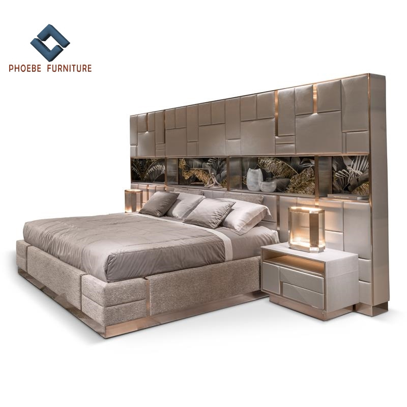 Top brand bed frame full size and mattress set with luxury headboard and stainless steel base