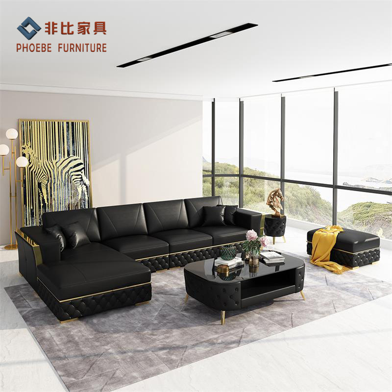 Italian chesterfield genuine leather black and gold couch sofa set with wood trim