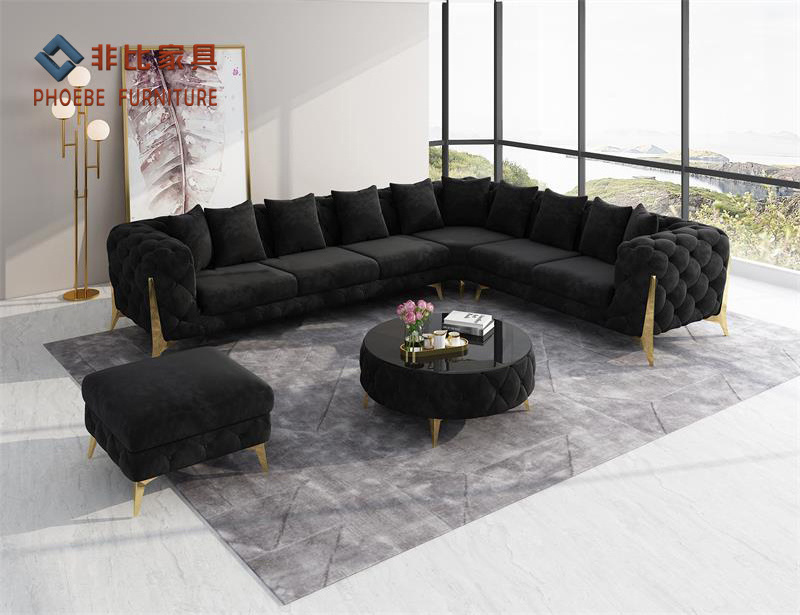 Luxury traditional pink blue velvet L shape chesterfield sofa sets living room furniture with golden legs