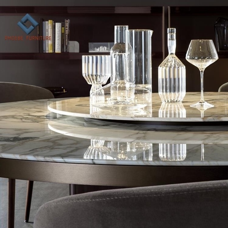 Large italian design luxury natural marble round dining table with lazy susan and satin bronze stainless steel legs