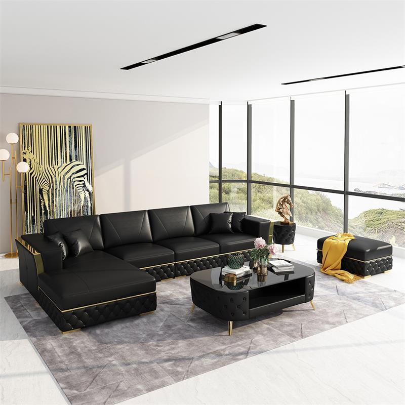 Italian chesterfield genuine leather black and gold couch sofa set with wood trim