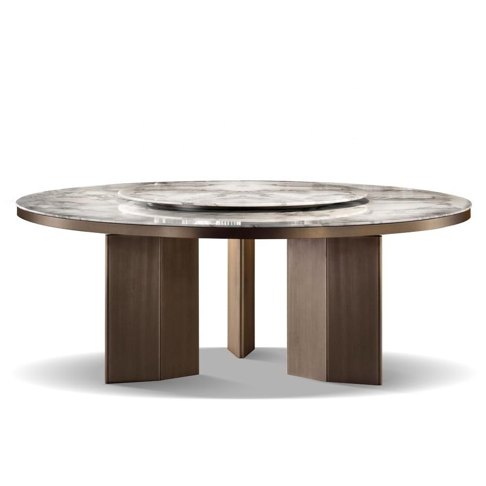 Large italian design luxury natural marble round dining table with lazy susan and satin bronze stainless steel legs