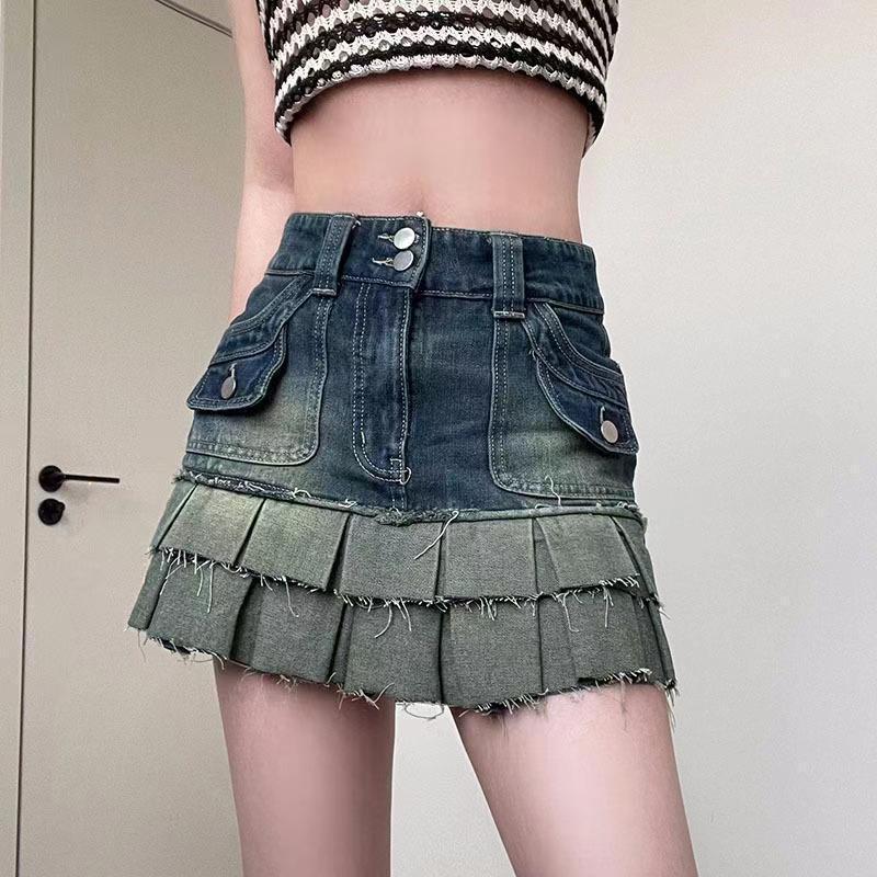 X13159C Retro Blue Fashion Pocket Cargo Denim Pleated Skirts Women High Waist Button Mini Skirts Female Gradient Cowboy Bottoms