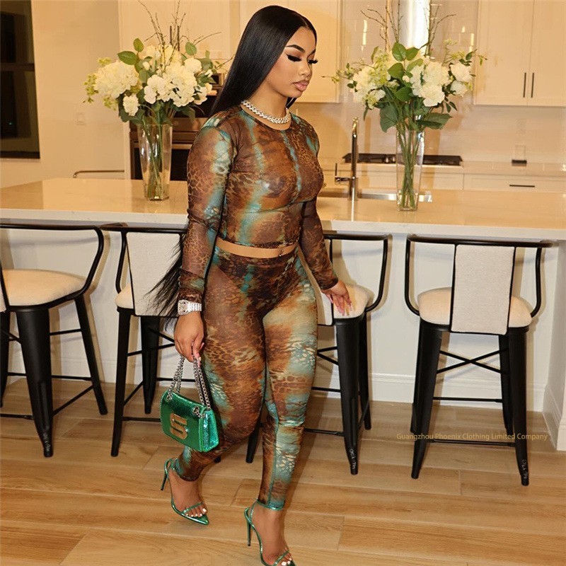 X12673C See Through Women Tracksuit 2 Piece Set Sexy Thin Crop Tops+Leggings Leopard Print Skinny Elastic Matching Clubwear