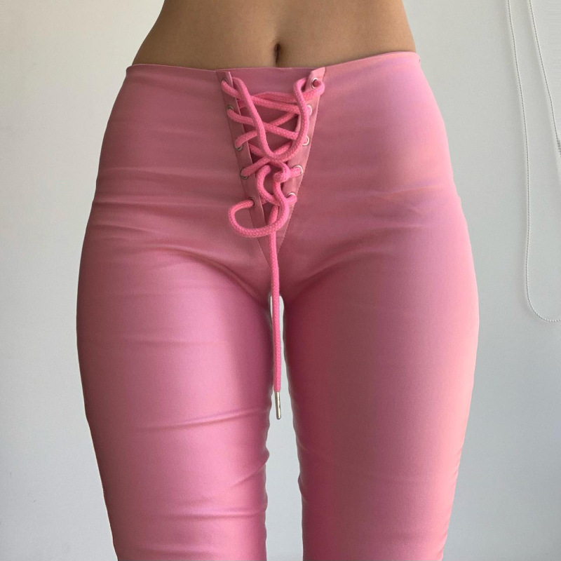 X11046C Fashion PU Leather High Rise Flare Pants Chic Sexy Bandage Pink Pants for Women Trousers Pant Bodycon Streetwear