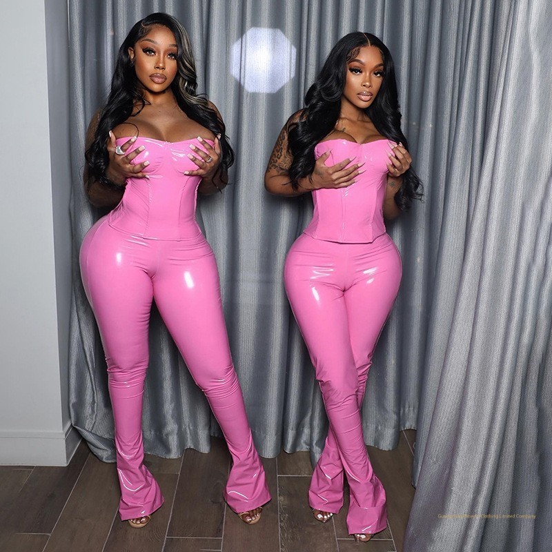 X11637C Shiny Pink Leather 2 Piece Set Women Sexy Tube Tops and High Waist Flared Pants Matching 2024 Spring Party Club Outfits