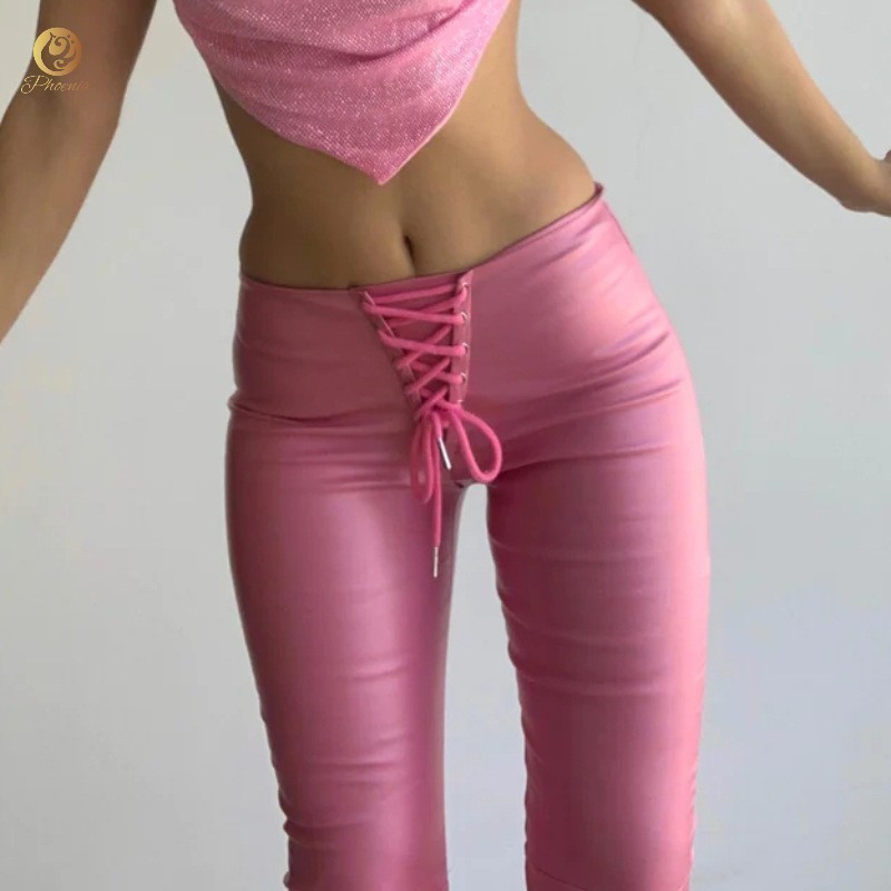 X11046C Fashion PU Leather High Rise Flare Pants Chic Sexy Bandage Pink Pants for Women Trousers Pant Bodycon Streetwear