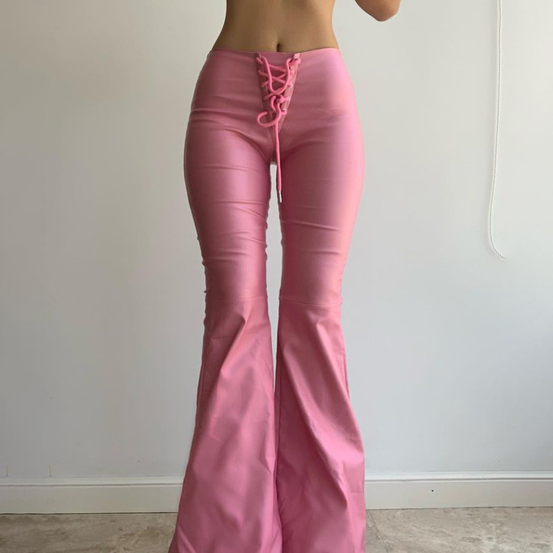 X11046C Fashion PU Leather High Rise Flare Pants Chic Sexy Bandage Pink Pants for Women Trousers Pant Bodycon Streetwear