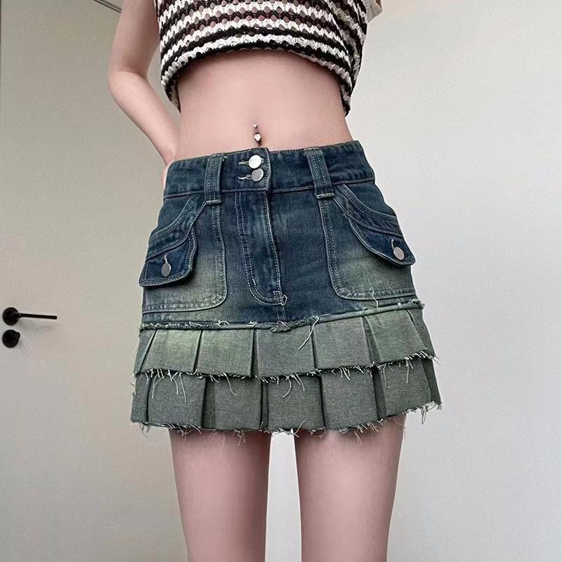 X13159C Retro Blue Fashion Pocket Cargo Denim Pleated Skirts Women High Waist Button Mini Skirts Female Gradient Cowboy Bottoms