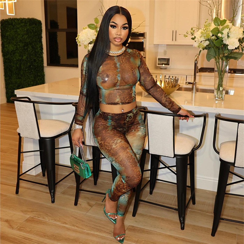 X12673C See Through Women Tracksuit 2 Piece Set Sexy Thin Crop Tops+Leggings Leopard Print Skinny Elastic Matching Clubwear