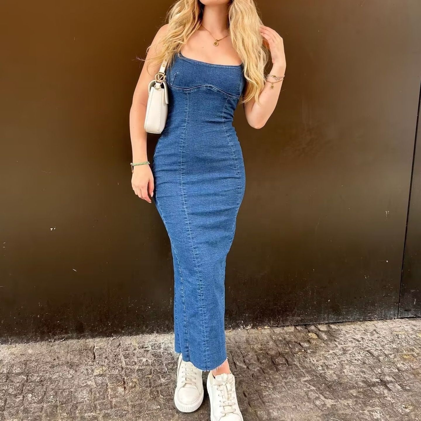 X09704c 2023 Denim Slip Dress Woman Blue Bodycon Long Dress Women Sleeveless Backless Sexy Party Dresses