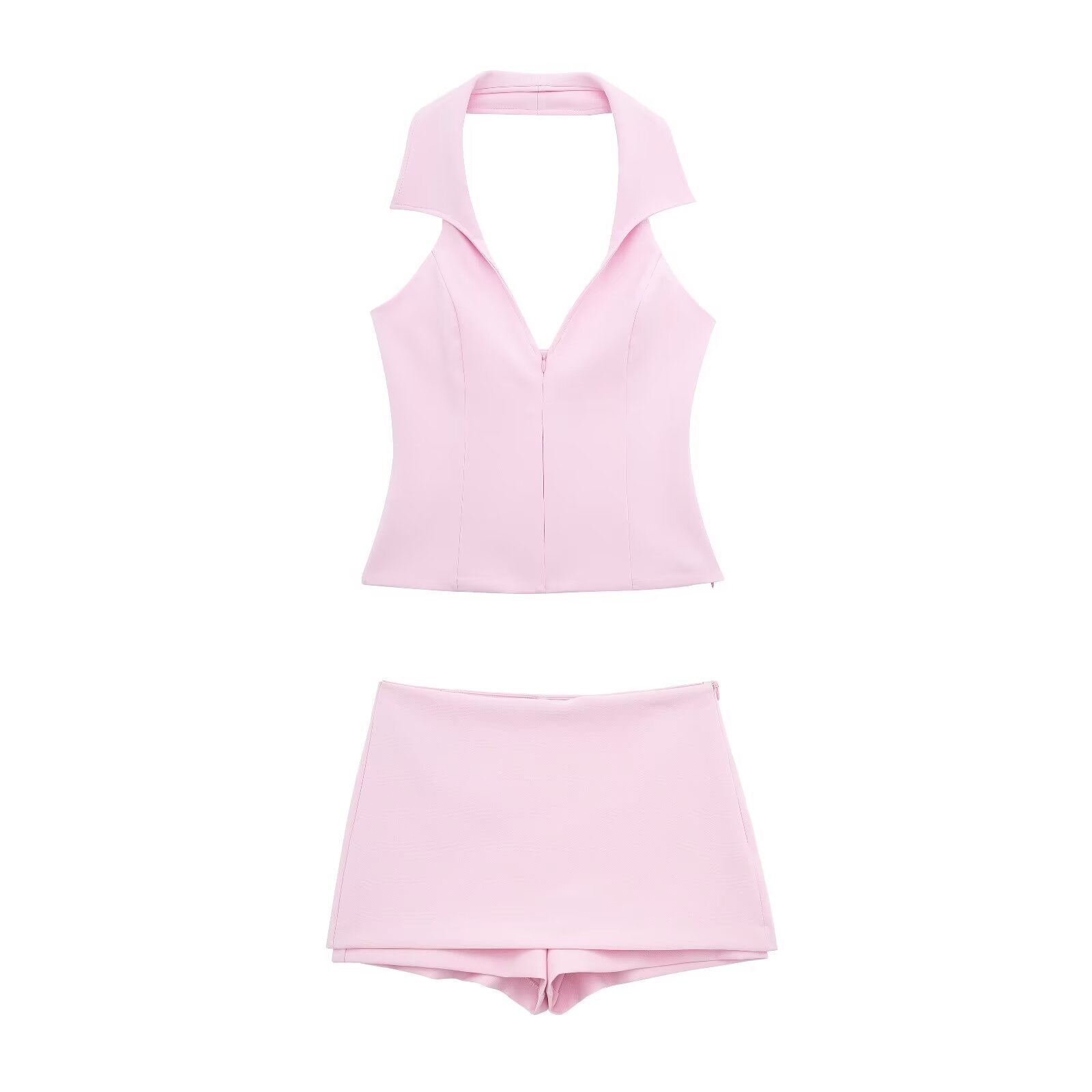 X13783C Women Pink 2 Piece Set Sexy V-Neck Sleeveless Backless Suspender Zipper Top+High Waist Back Pocket Mini Skirts Shorts