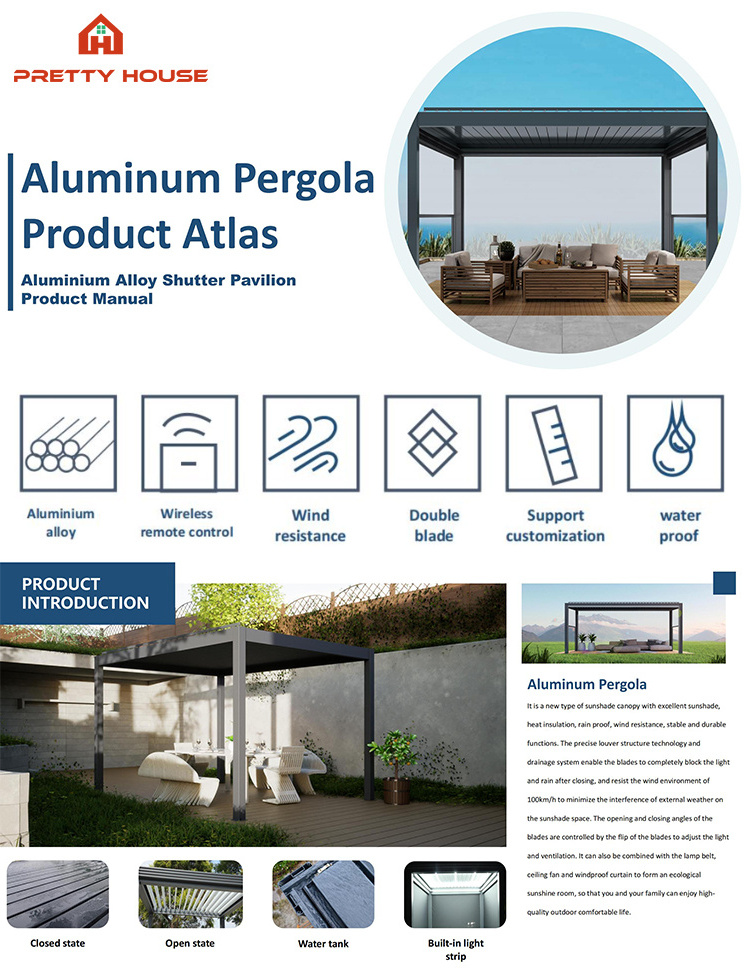 Waterproof Outdoor Garden Bioclimatic Pergola Aluminium Opening Louvre Roof