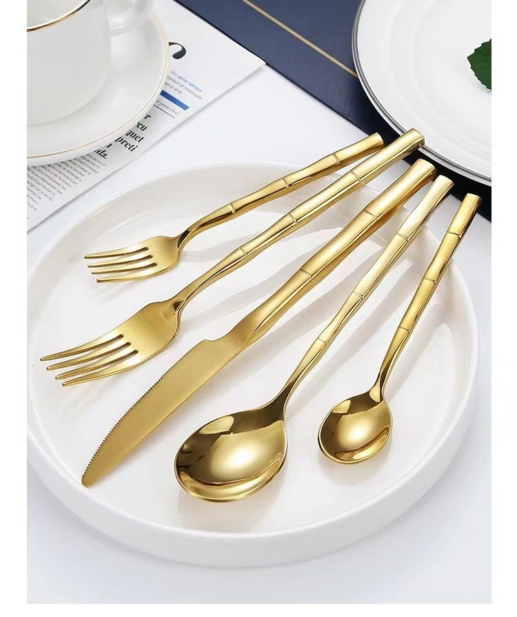 New Product Bamboo Design Handle Bulk Flatware 304  Stainless Steel Cutlery Gold Silverware Set