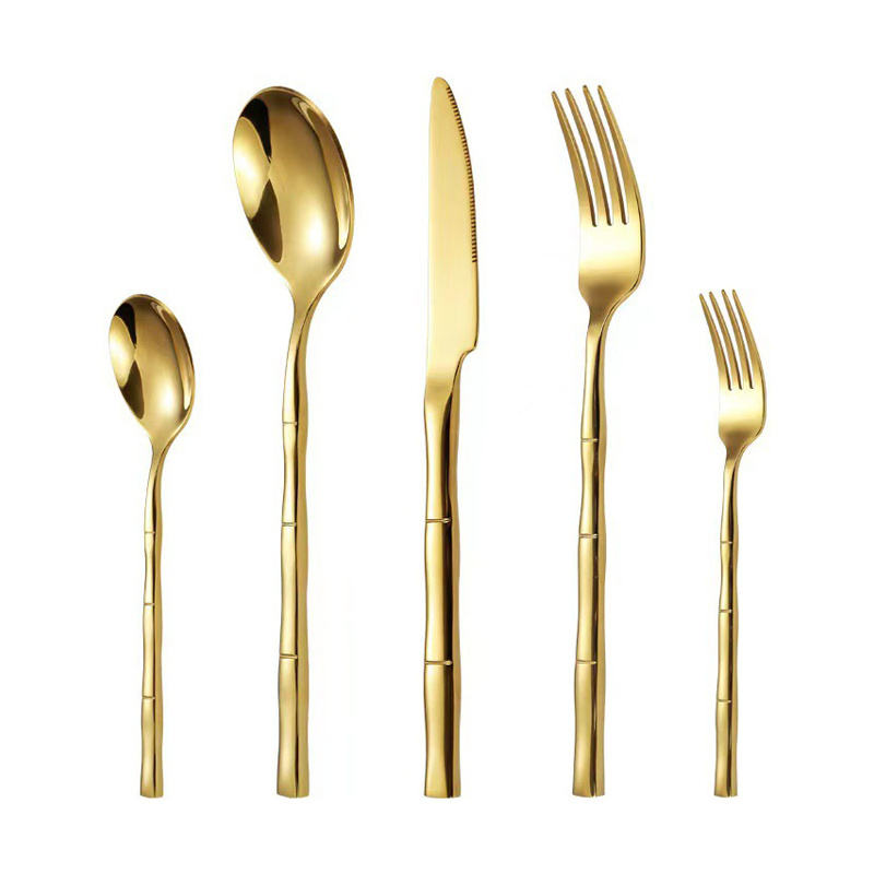 New Product Bamboo Design Handle Bulk Flatware 304  Stainless Steel Cutlery Gold Silverware Set