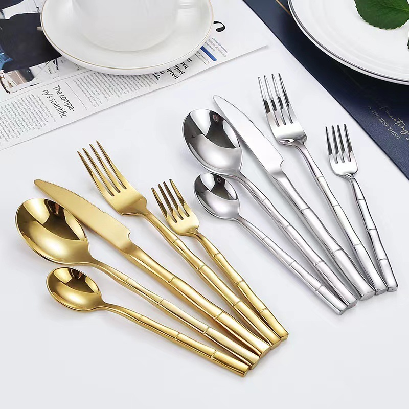 New Product Bamboo Design Handle Bulk Flatware 304  Stainless Steel Cutlery Gold Silverware Set