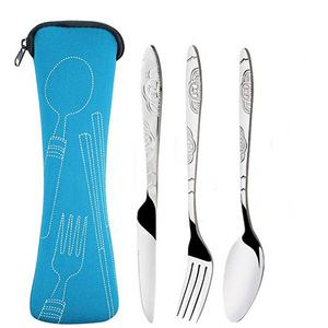 Cheap Price Promotion Gift Stainless Steel Travel Cutlery With Pouch  Spoon And Fork Knives 3Pcs Set