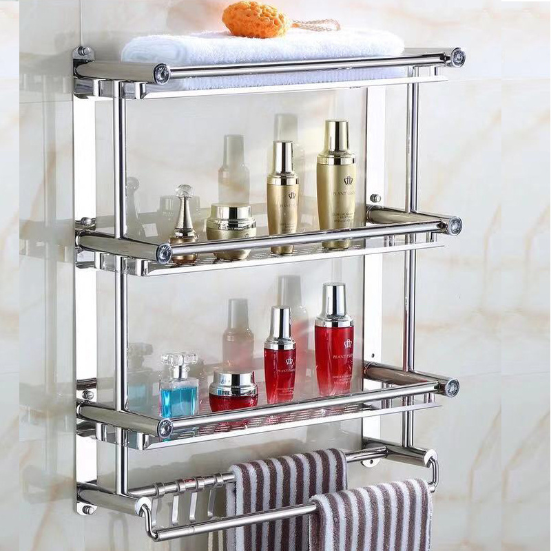 Bathroom Shelves Kitchen Bathroom Shower Storage Shelf Wall Mounted Bath Shelves Space 3 Tier Home Towel Rack Stainless Steel