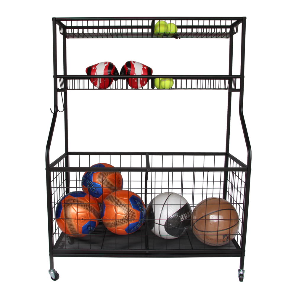 Metal Garage Sports Equipment Organizer,Ball Storage Cart Rack,Sports Gear Basketball Storage With Baskets And Hooks