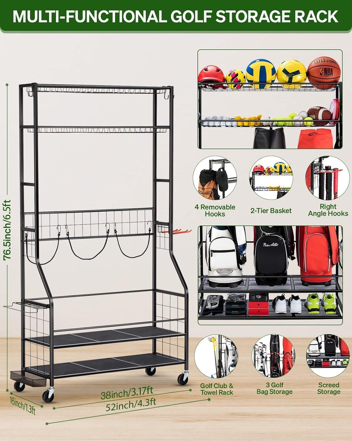 High Capacity Factory Manufacturing Golf Garage Storage Organizer Box Golf Club Bag Sports Equipment Storage Rack