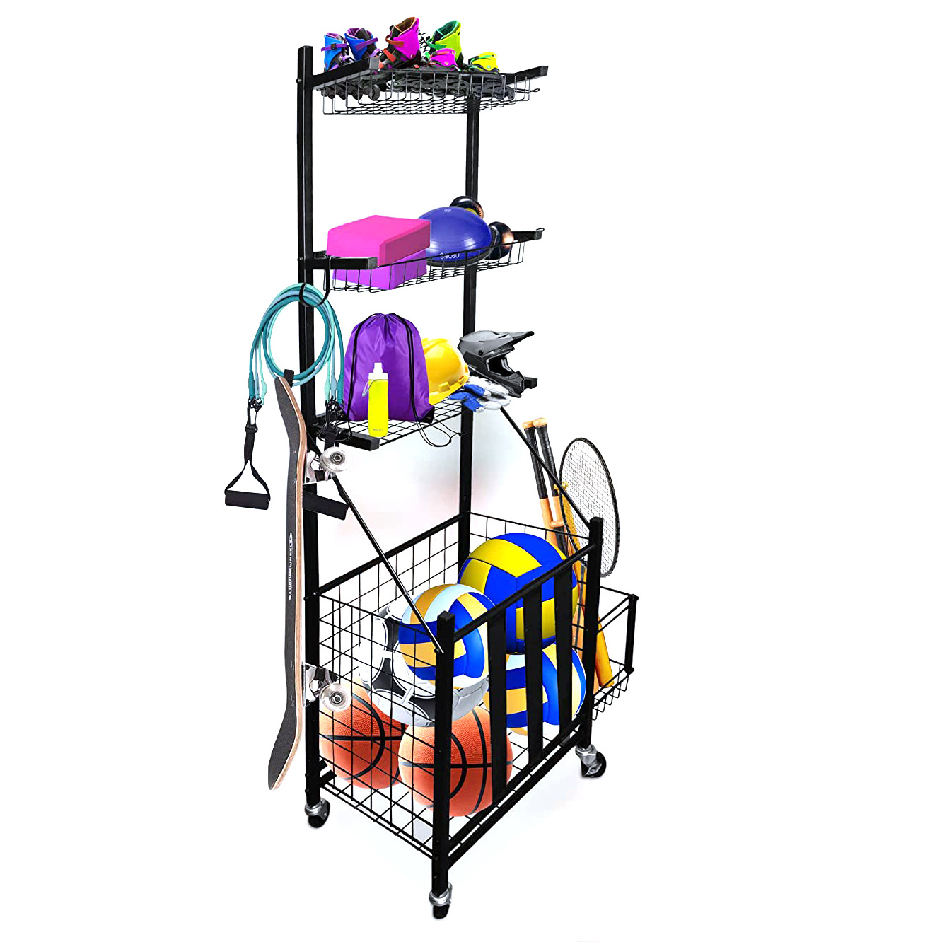 Sports Rack Equipment Storage For Garage Of Ball Storage Garage Organizer With Basket And Hooks In Indoor/outdoor