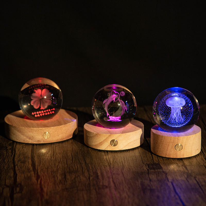 Led Glowing Crystal Ball Night Light With Wood Base Custom Decor Ornaments Moon Planet Solar System Astronaut 3d Art Galaxy Lamp