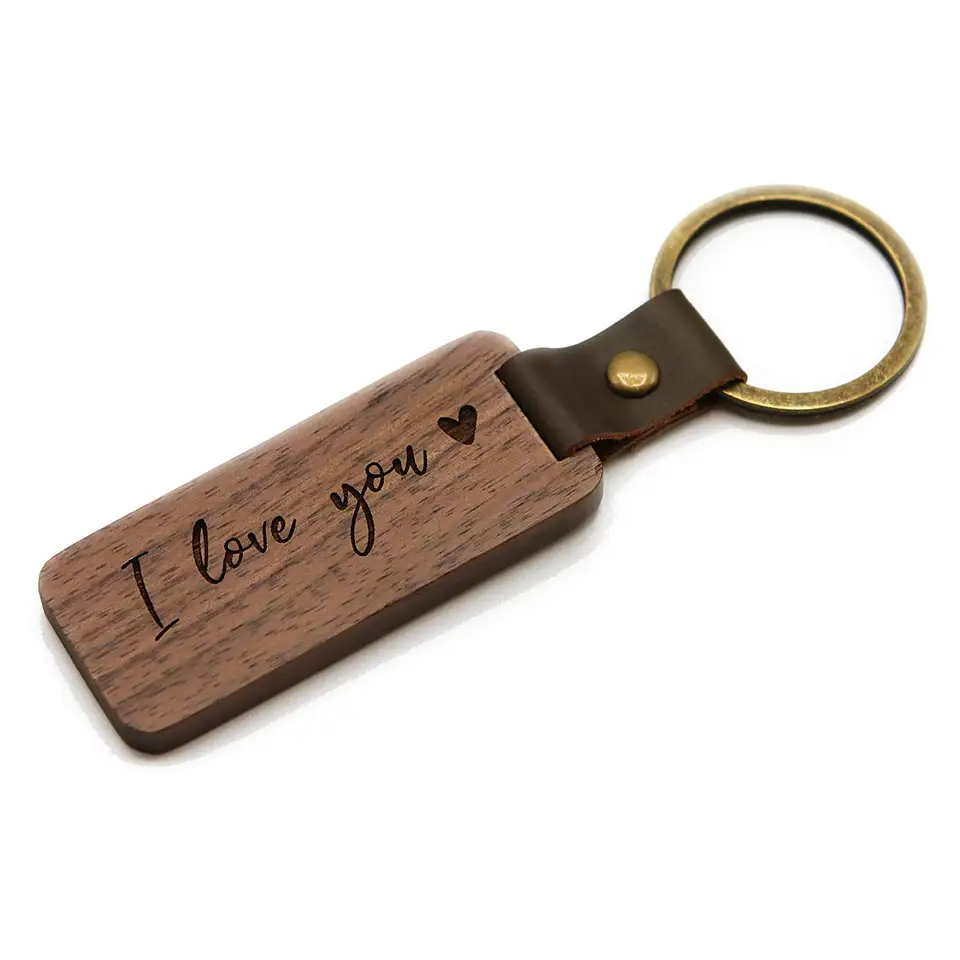 Wooden Engraving Leather Wood DIY Personalized Anniversary Brass Keychain Gift Birthday Gift for Loved