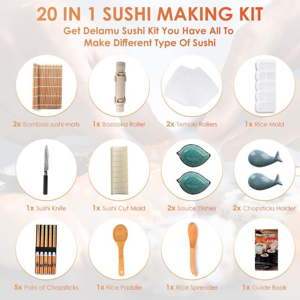 20 in 1 Sushi Bazooka Roller Japanese Hand Sushi Maker Making Kit with Chef Knife Bamboo Mats