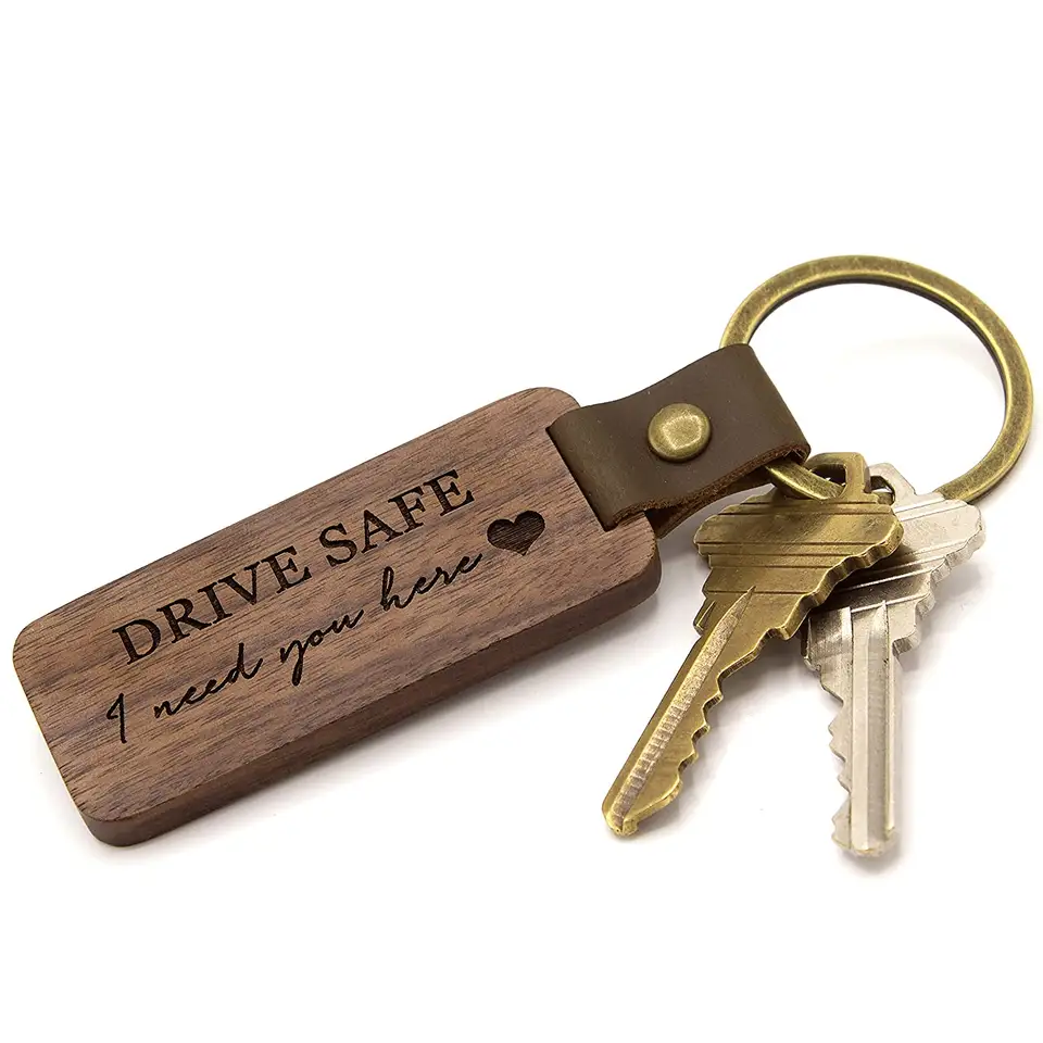 Wooden Engraving Leather Wood DIY Personalized Anniversary Brass Keychain Gift Birthday Gift for Loved