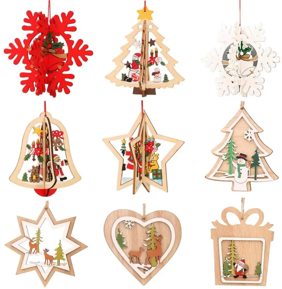 3D  Wood Hanging Ornaments Christmas Tree Decoration Craft For Children Christmas Accessories