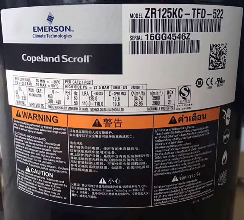 Copeland Scroll Refrigeration Compressor ZR125KC-TFD-522 ZR125KCE-TFD-522 Air Conditioning & Refrigeration Compressor