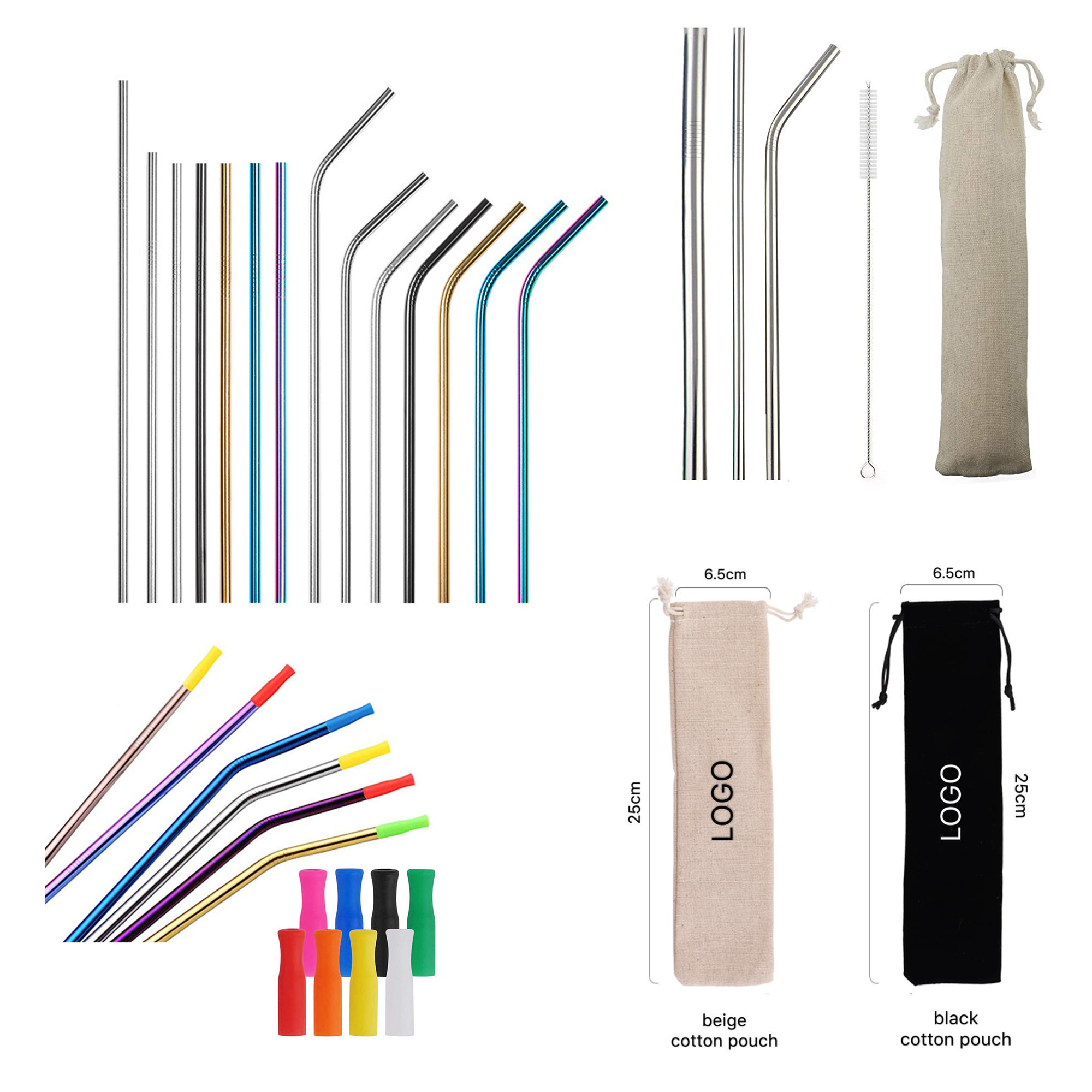 Wholesale straw with lid Custom Reusable Cocktail 6/10/8MM for 40OZ tumbler Stainless Steel Metal Straws Set With Pouch