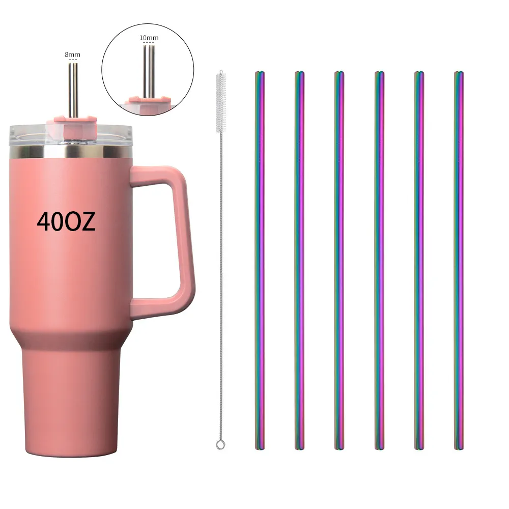 Wholesale straw with lid Custom Reusable Cocktail 6/10/8MM for 40OZ tumbler Stainless Steel Metal Straws Set With Pouch