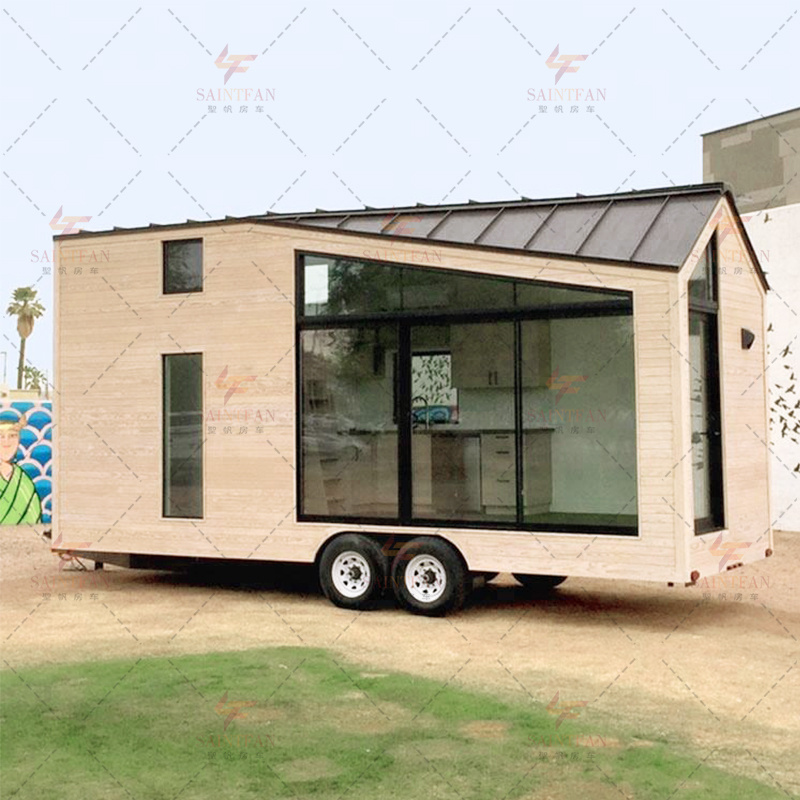 Small house trailer Modern design Garden architecture outdoor camping kit Cozy and warm house on wheels Small house