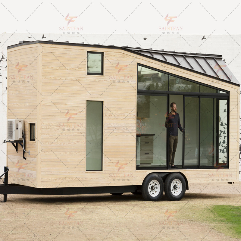 Small house trailer Modern design Garden architecture outdoor camping kit Cozy and warm house on wheels Small house