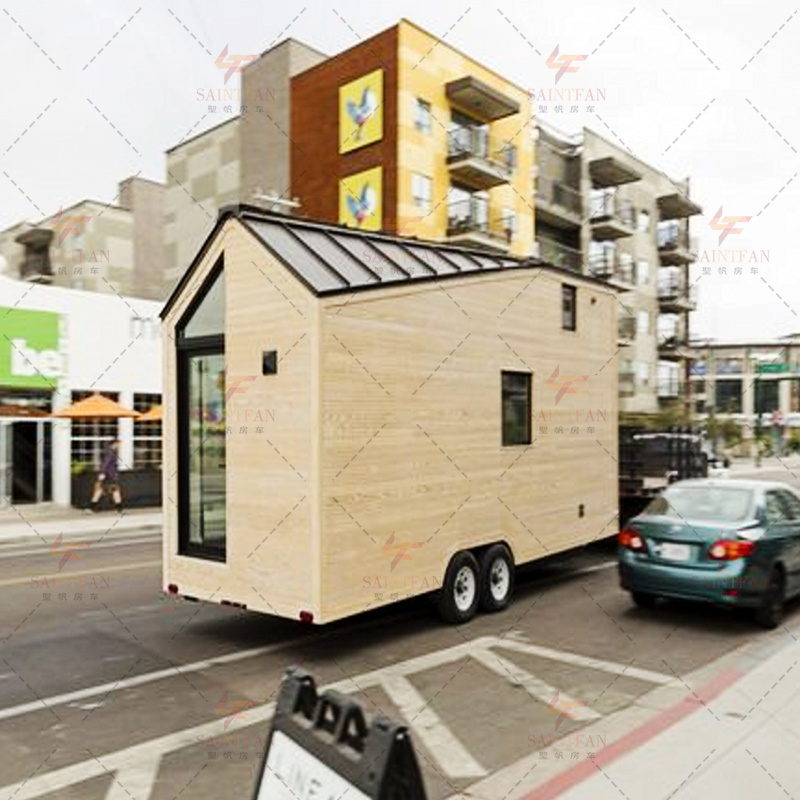 Small house trailer Modern design Garden architecture outdoor camping kit Cozy and warm house on wheels Small house