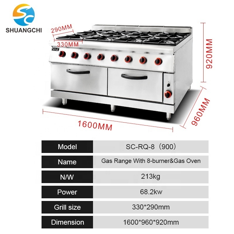 Gas 8 Burner Cooking Range Maker Commercial Gas Cooker Oven Built-in Ovens Stainless Steel Combination Oven Grill