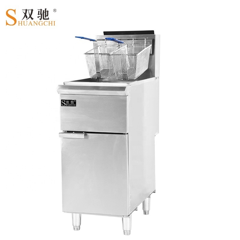 China Factory KFC Deep Fryer Gas Potato Chips Fryer Single Tank Two Basket Free Standing Fried Chicken Fryer Machine