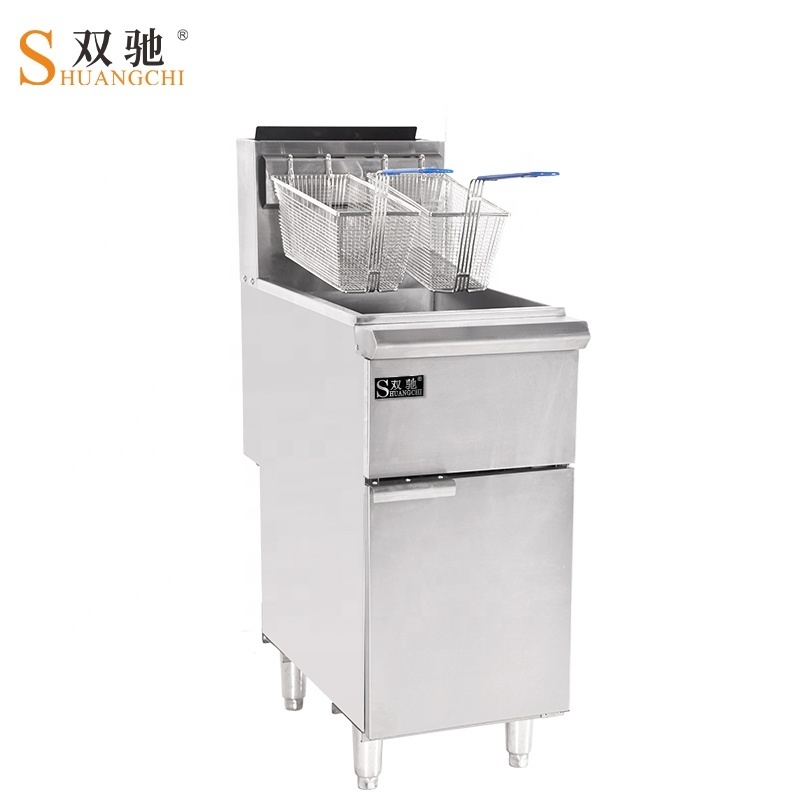 China Factory KFC Deep Fryer Gas Potato Chips Fryer Single Tank Two Basket Free Standing Fried Chicken Fryer Machine