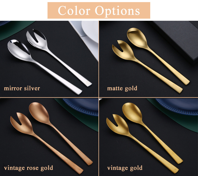 Stainless Steel Long Handle Luxury Antique Gold Serving Spoon and Fork 2-Piece Set