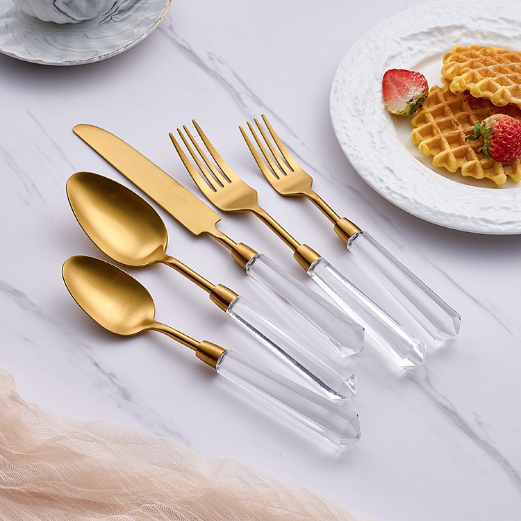 Bulk Brushed Matte Gold Flatware Clear Acrylic Stainless Steel 18/10 Wedding Cutlery Set