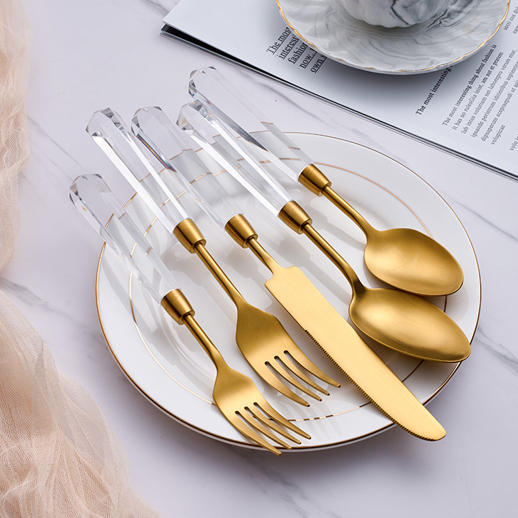 Bulk Brushed Matte Gold Flatware Clear Acrylic Stainless Steel 18/10 Wedding Cutlery Set