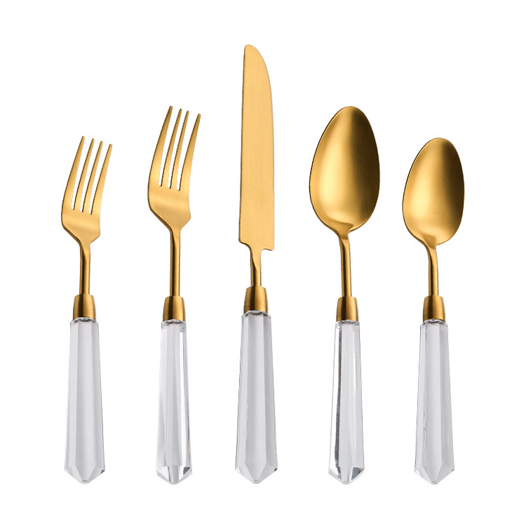 Bulk Brushed Matte Gold Flatware Clear Acrylic Stainless Steel 18/10 Wedding Cutlery Set