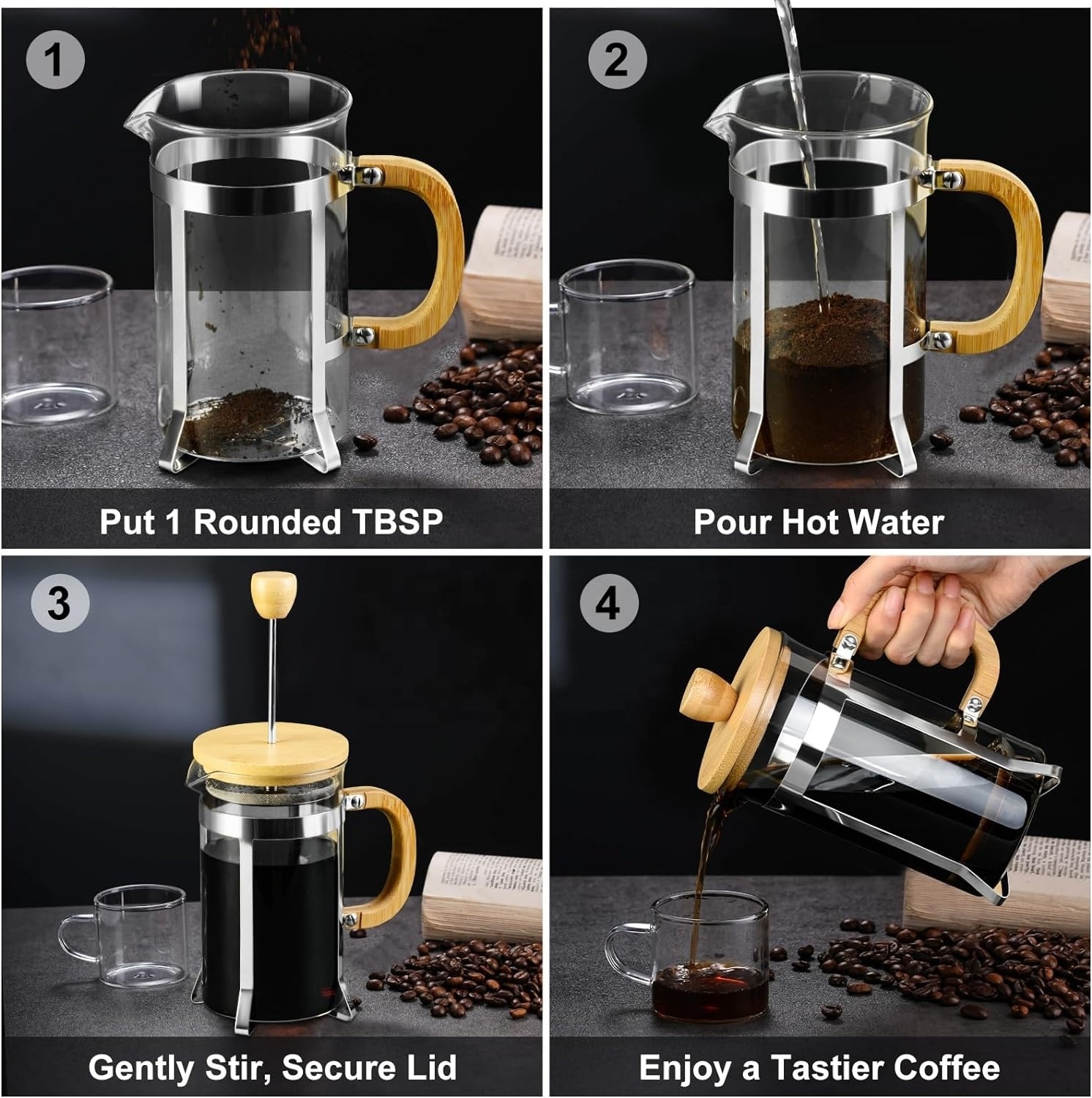 2023 Hot Sales Portable Coffee Press with Bamboo Handle Coffee Grinder French Press Coffee Maker