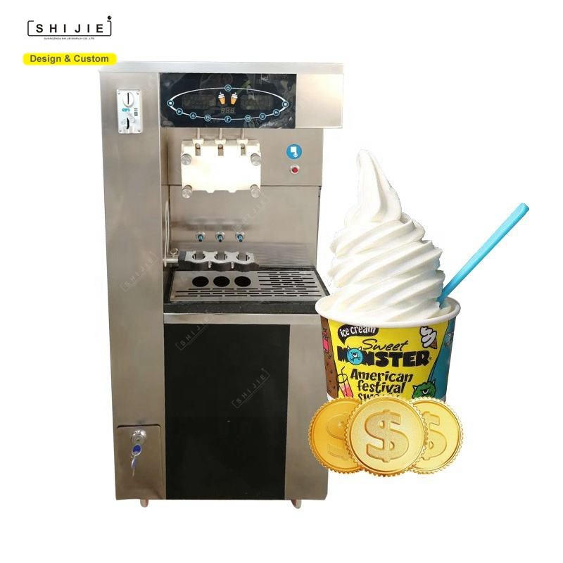 stainless steel waffle cone soft ice cream vending machine 3 flavor coin operated small tabletop enjoy soft ice cream machine