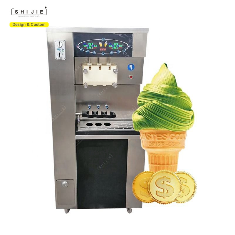 stainless steel waffle cone soft ice cream vending machine 3 flavor coin operated small tabletop enjoy soft ice cream machine