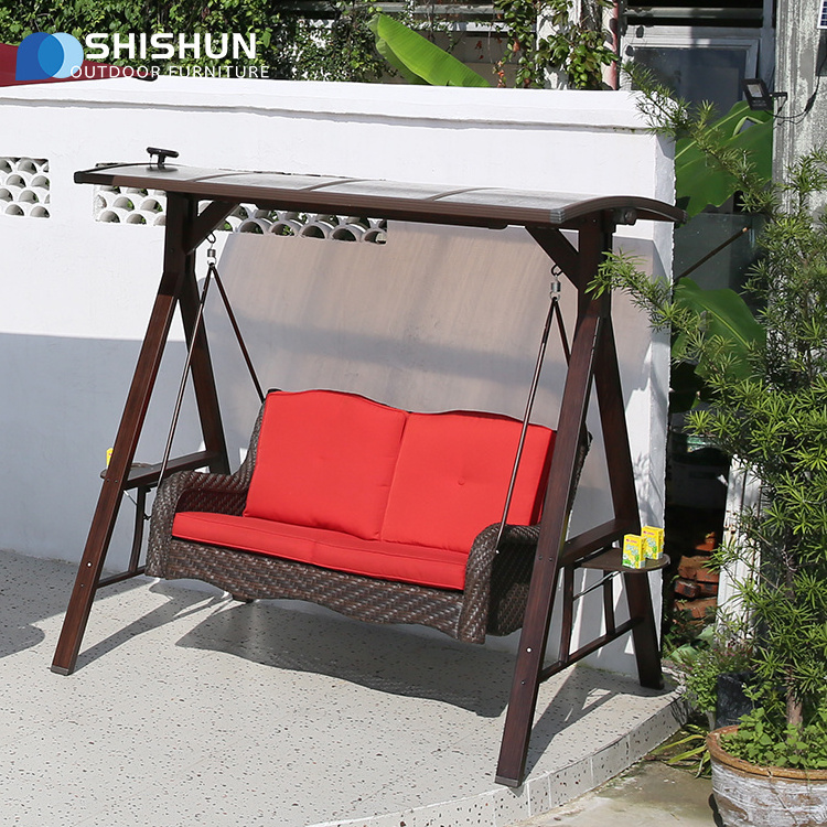 Modern Outdoor Metal Light Rocking Chair Rattan Hanging Swing 2 Patio Shade Chair