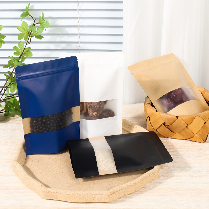 Factory Color Price Zipper Food Kraft Paper Stand Up Pouch Bag With Clear Window ziplock bag thick kraft paper packaging bag